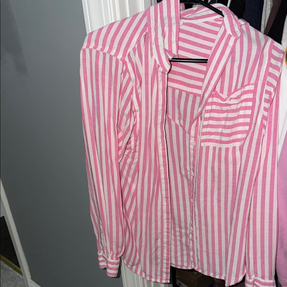 Pink and White Vertical Stripe Button-Up Shirt